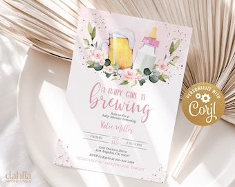 May include: A pink and green baby shower invitation with a beer mug and a baby bottle. The text reads "A Baby Girl is Brewing" and includes the date and time of the event. The invitation is personalized with the name "Coyl".