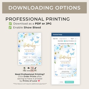 May include: A printable invitation for a girl's birthday party. The invitation features a blue and white butterfly design with gold lettering. The text on the invitation reads "flutterby" and "Aurora's 5th Birthday".