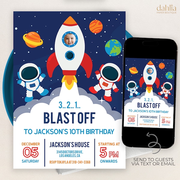 EDITABLE Space Birthday Invite with Photo, Galaxy Party Invitation Template, Boy Astronaut Birthday,  Blue Space, Instant Download, KP046