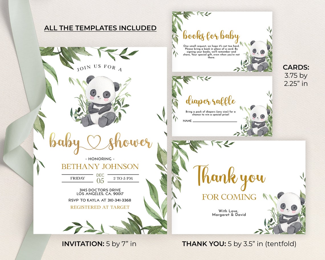 EDITABLE Panda Baby Shower Invitation Set, Printable Greenery Baby ...