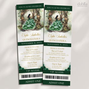 Verzauberter Wald Quinceaşa Ticket-Einladung, EDITIERBARE Smaragd Magische Gartenparty Mis Quince Anos, Märchenwald 15.Geburtstag, Q131