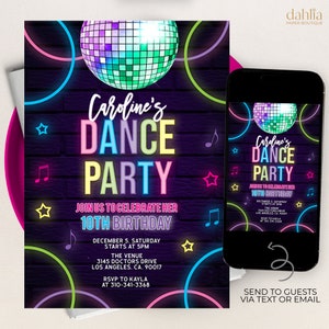 Kids Dance Party Invitation, Editable Disco Birthday Invite, Glow Neon Template, Disco Music, Dancing Girl Tween, Instant Download KP067