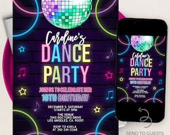 May include: A neon pink, blue, green, and yellow digital invitation for a 10th birthday dance party. The invitation features a disco ball, music notes, and stars. The text reads "Caroline's Dance Party" and "Join us to celebrate her 10th birthday".