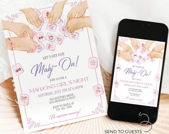Mahjong Girl's Night Invitation, Editable Mahjong & Margaritas Party Template, Watercolor Mahjong Game Night Invite, Instant Download AP080