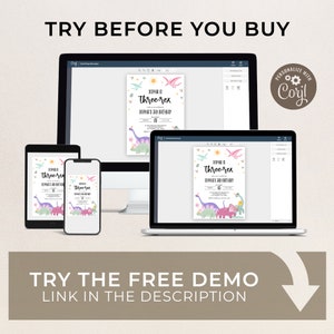 May include: A digital mockup showing a customizable dinosaur birthday invitation template. The invitation features a pink, green, and blue dinosaur with the text "Sophia is Three-Rex" and "Sophia's 3rd Birthday". The invitation is shown on a computer screen, tablet, and phone.