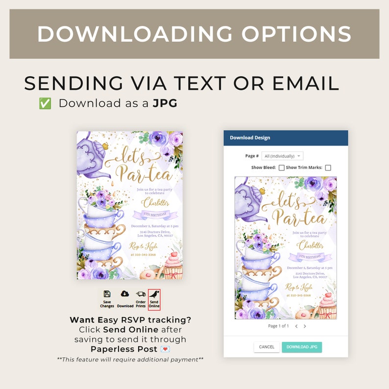 May include: A digital download for a tea party invitation. The invitation features a purple teapot, teacups, and flowers on a gold glitter background. The text "Let's Par-Tea" is in a gold script font. The invitation is for Charlotte's 5th birthday. The invitation includes the date, time, location, and RSVP information.