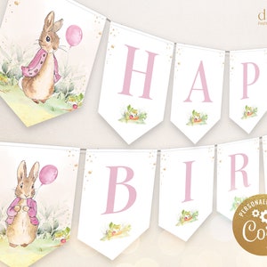 EDITABLE Peter Rabbit Happy Birthday Banner, Flopsy Bunny Birthday Banner, Girl Pink Bunny Party Decorations, Download istantaneo, Corjl, KP059