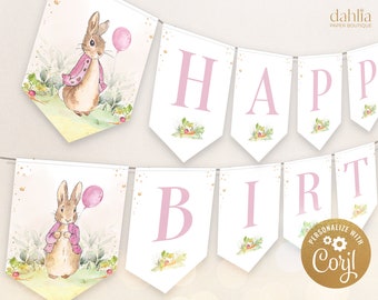 EDITABLE Peter Rabbit Happy Birthday Banner, Flopsy Bunny Birthday Banner, Girl Pink Bunny Party Decorations, Instant Download, Corjl, KP059