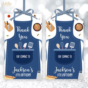 BEWERKBARE Bedankt voor uw komst cadeau tag, BEWERKBARE koken verjaardag label, blauwe kleine chef-kok partij gunst, jongens keuken partij, bakken tag, KP213