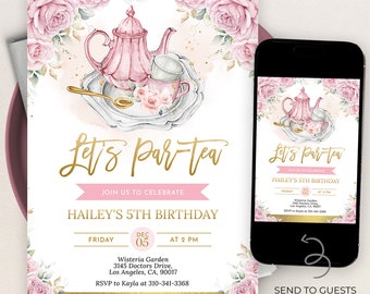 High Tea Party Birthday Invitation, EDITABLE Blush Pink and Gold Par-tea Invite Template, Whimsical Tea Party, Floral Tea Set Card, KP263