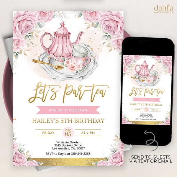 High Tea Party Birthday Invitation, EDITABLE Blush Pink and Gold Par-tea Invite Template, Whimsical Tea Party, Floral Tea Set Card, KP263