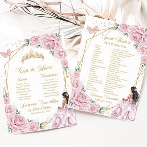 Liste des Mis Padrinos Quinceañera rose et or, MODIFIABLE Princesse 15e anniversaire Mis Coing Anos Corte De Honor, téléchargement immédiat, Q100