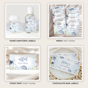 May include: A set of printable baby shower party decorations featuring a blue and white watercolor design with sea creatures. The set includes labels for hand sanitizer bottles, food tents, chocolate bar wrappers, and a menu. The text on the labels reads "Bethany's Baby Shower".