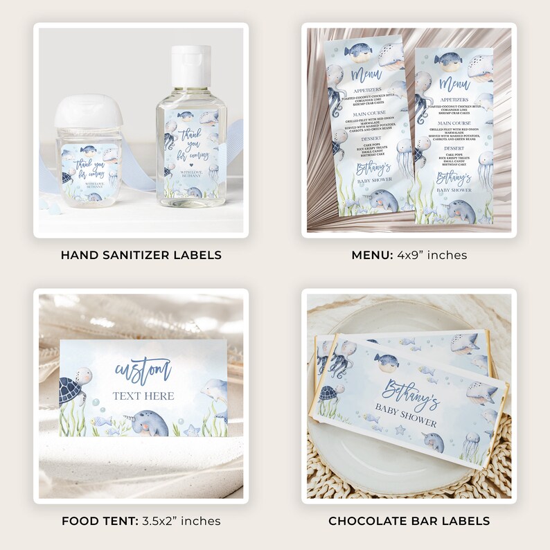 May include: A set of printable baby shower party decorations featuring a blue and white watercolor design with sea creatures. The set includes labels for hand sanitizer bottles, food tents, chocolate bar wrappers, and a menu. The text on the labels reads "Bethany's Baby Shower".