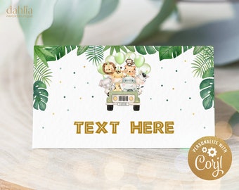 Modello di etichette alimentari per animali Safari, carta per tenda segnaposto per feste con animali della giungla, arredamento per compleanno Wild One Safari, download istantaneo, KP084