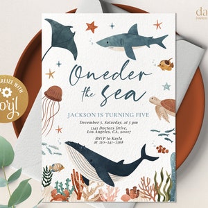 Oneder de zee verjaardagsuitnodiging, bewerkbare walvishaai partij uitnodigen, nautische 1e verjaardag, oceaan dieren sjabloon, Instant Download KP198