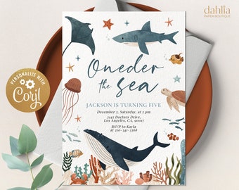 Oneder The Sea Birthday Invitation, Editable Whale Shark Party Invite, Nautical 1st Birthday, Ocean Animals Template, Instant Download KP198