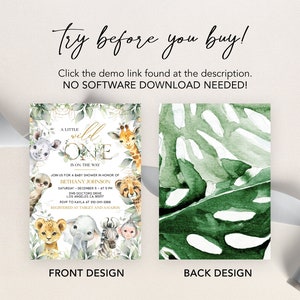 Pu&ograve; includere: Un invito per una festa di baby shower a tema giungla. Il fronte presenta un'illustrazione ad acquerello di una giraffa, un leone, un elefante, una zebra e una scimmia. Il testo recita "A Little Wild One is on the Way". Il retro presenta una foglia verde ad acquerello.