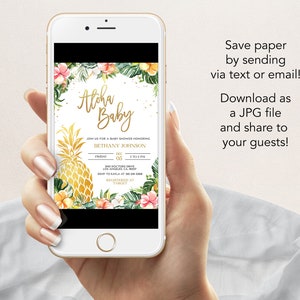 May include: A digital invitation for a baby shower with a tropical theme. The invitation features a pineapple, flowers, and the text "Aloha Baby". The invitation includes the name Bethany Johnson, the date and time of the shower, and the location. The invitation also includes the text "RSVP to Katla at 30-341-3088" and "Registered at Target".