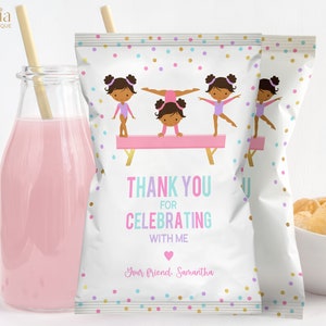 Gymnastics Chip Bag Label Template, Editable Chips Wrapper, Party Favor, Brown Skin, Girl Gymnasts Birthday Party, Instant Download, KP035 image 1