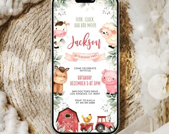 EDITABLE Farm Birthday Digital Invitation, Barn Animals Mobile Invite, Ranch Birthday Evite, Red Barnyard Text Message, Easy Download, KP082