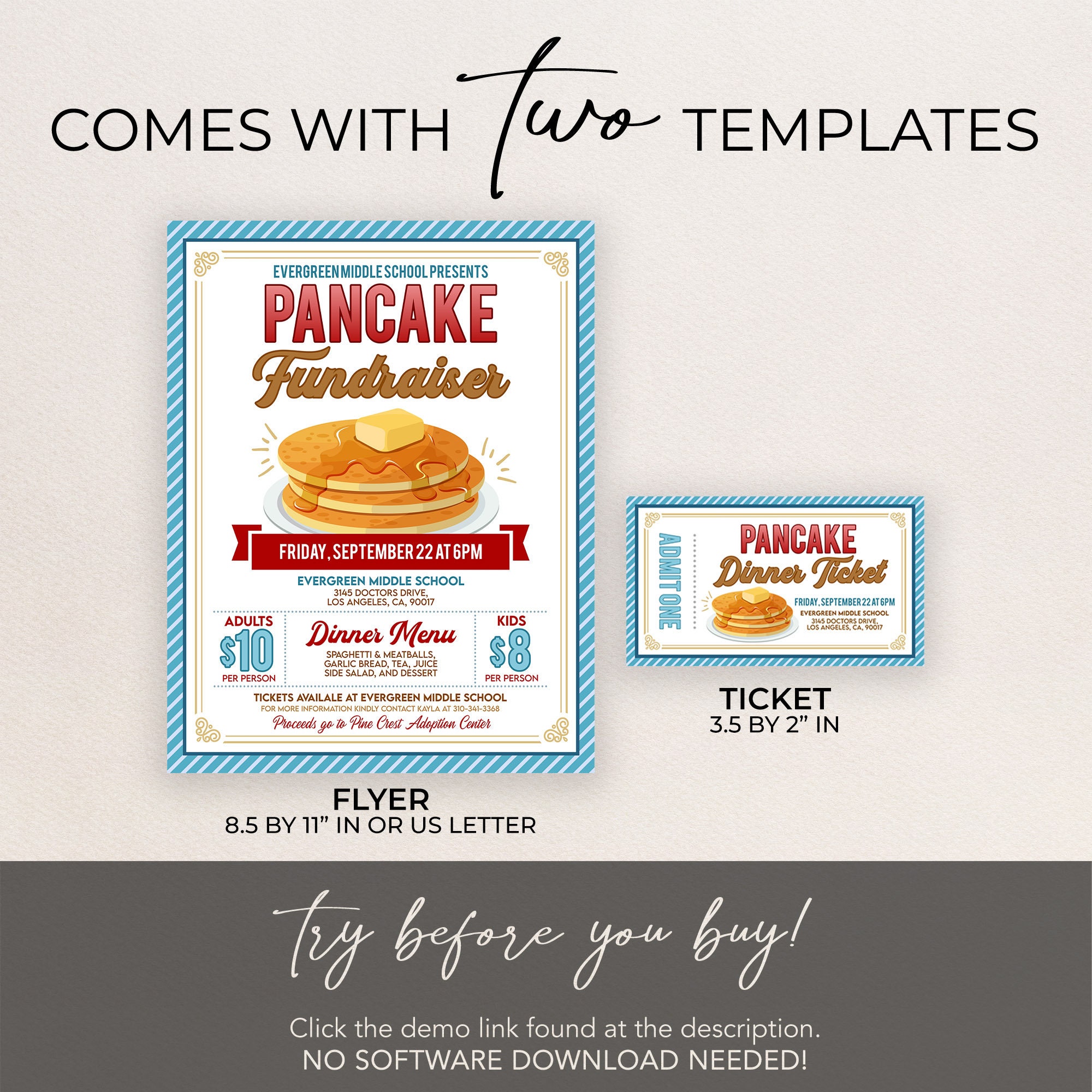 Editable Pancake Breakfast Fundraiser Flyer Ticket, PTA PTO School ...