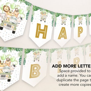 Peut inclure: Une banni&egrave;re blanche et verte avec des lettres dor&eacute;es qui &eacute;pellent "Joyeux anniversaire". La banni&egrave;re pr&eacute;sente un th&egrave;me jungle avec des animaux et des ballons. La banni&egrave;re est parfaite pour une f&ecirc;te d'anniversaire.