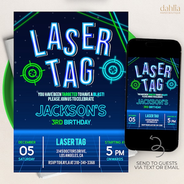 EDITIERBARE Laser Tag Geburtstagseinladung, Laser Tag Party Einladung Vorlage, Neon Glow Laser Tag, Junge Geburtstagsfeier, Sofort Download KP045