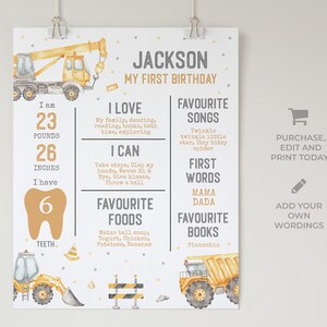 May include: A yellow and grey printable first birthday milestone chart for a boy named Jackson. The chart features a yellow construction truck with a crane and includes information about his weight, height, teeth, favourite foods, songs, words, and books.