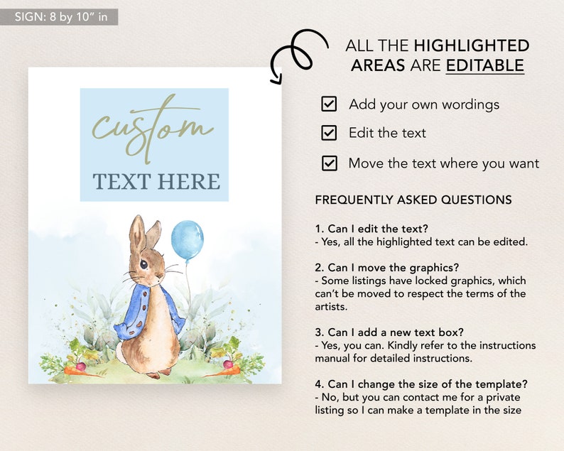 May include: A printable sign featuring a watercolor illustration of a bunny rabbit holding a blue balloon. The sign has a light blue background with the text "custom" and "TEXT HERE" in gold lettering. The sign is 8 inches by 10 inches.