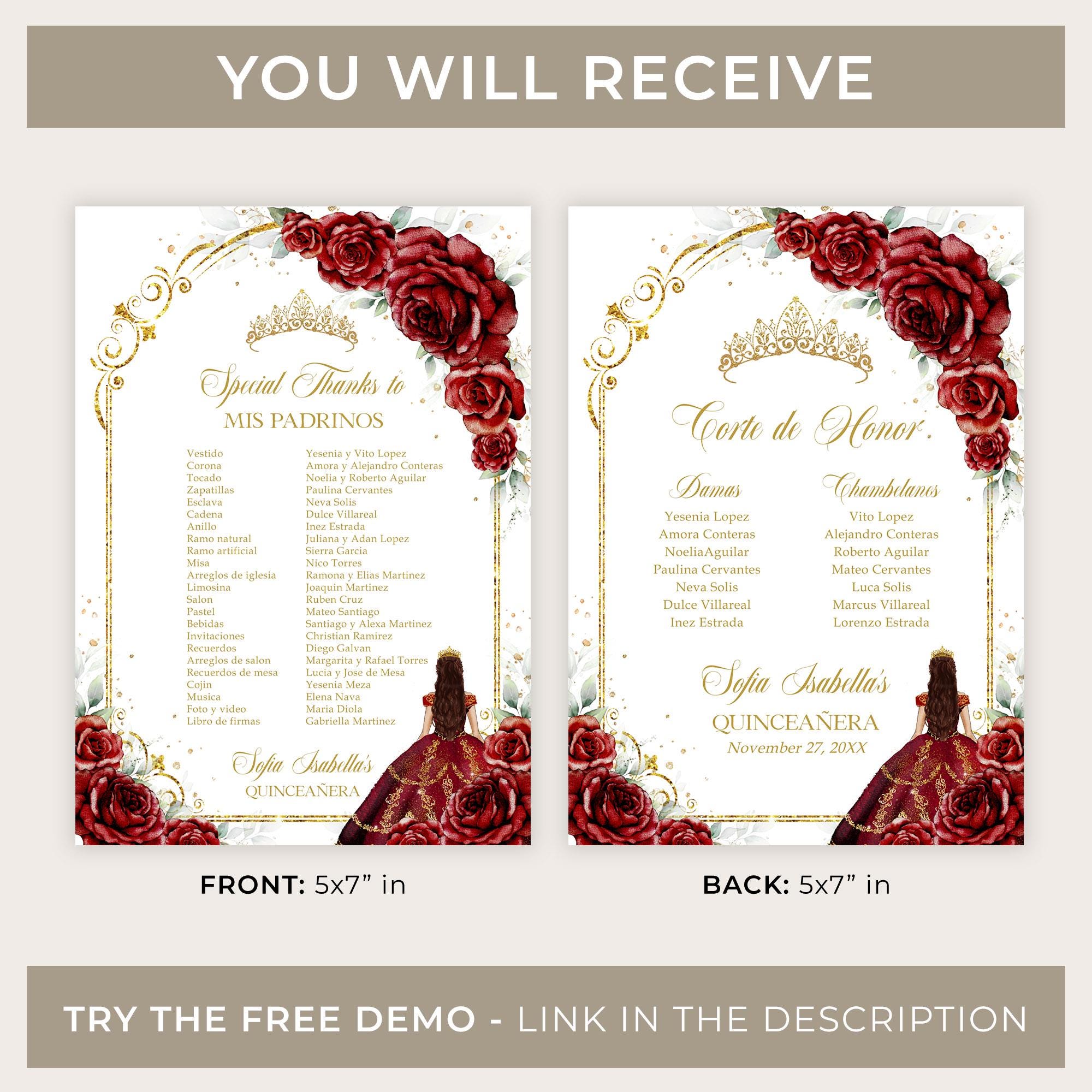 Burgundy Red and Gold Quinceañera Mis Padrinos List, EDITABLE Corte De ...