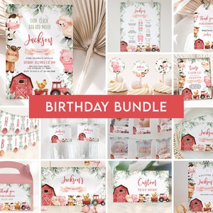 Farm Birthday Party Bundle, EDITABLE Barn Animal Party Invite, Barnyard Ranch Birthday Party Decor, Red Farm Animals Instant Download, KP082