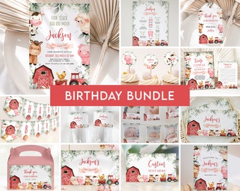 Farm Birthday Party Bundle, EDITABLE Barn Animal Party Invite, Barnyard Ranch Birthday Party Decor, Red Farm Animals Instant Download, KP082