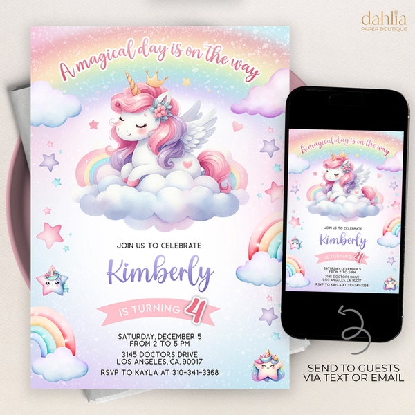 Unicorn Birthday Invitation Template Printable, Editable Unicorn Party Invite, Magical Day Printable Template Girl Pink Pastel Rainbow KP318