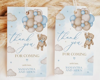May include: Two blue and brown thank you tags with a teddy bear holding balloons. The text on the tags reads "Thank you for coming with love, Samantha and Aiden".