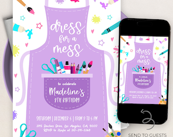 EDITABLE Art Birthday Invitation, Girl Painting Party Invite Template, Purple Paint Craft, Instant Editable File, Instant Download, KP053