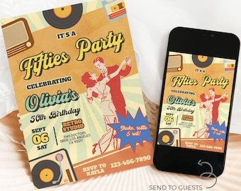 Fifties Birthday Invitation, Editable Oldie But Goodie Party, 30th 40th 50th Invite, 1950s Retro Sock Hop Theme, Instant Download, AP079