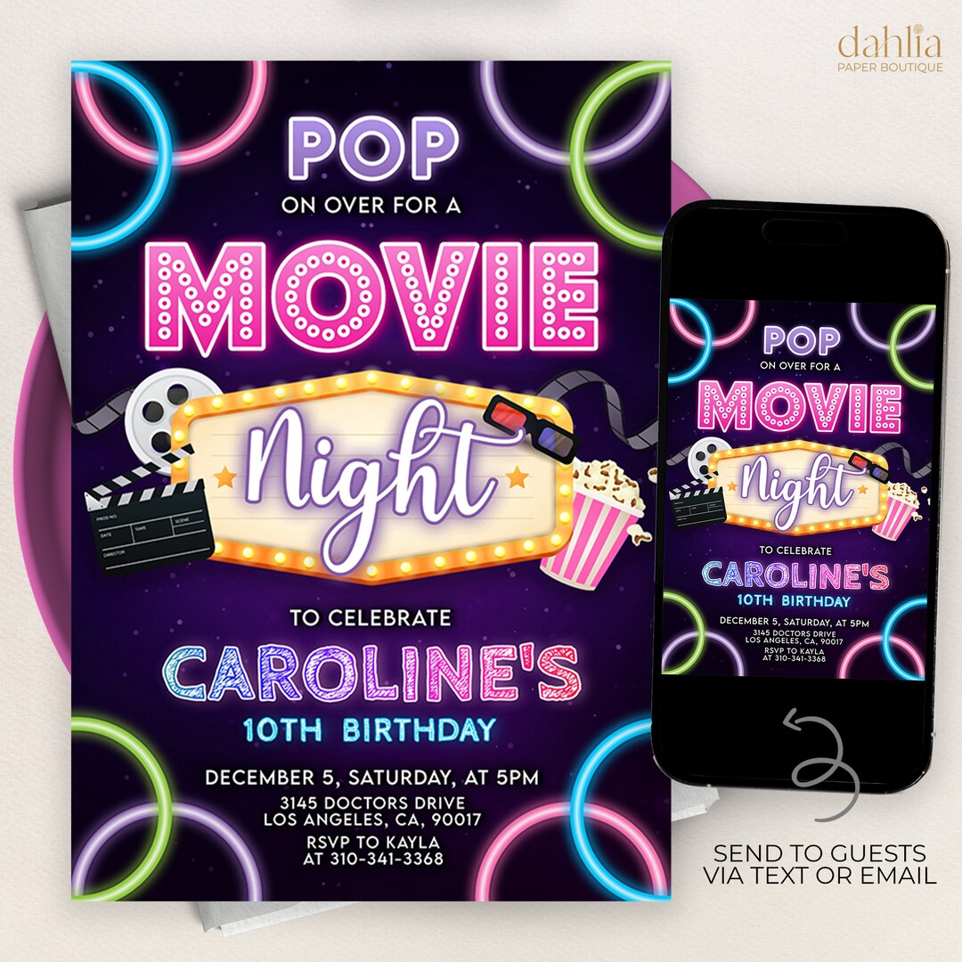 Movie Night Invitation, EDITABLE House Party Invite, Printable Cinema ...