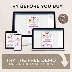 May include: A digital mockup of a customizable cheerleading birthday invitation. The invitation features a pink and white background with a group of cartoon cheerleaders. The text on the invitation reads "The Four, Six, Eight, Go Fight, Go Fight! Elizabeth's 5th Birthday". The invitation is displayed on a computer screen, a tablet, and a smartphone.