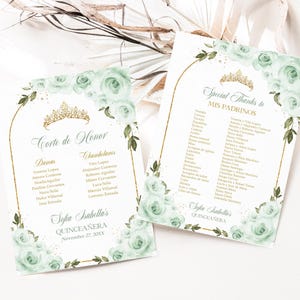 Liste des Mis Padrinos de Quinceañera, arche vert sauge et or, modèle MODÈLE 15e anniversaire Tiara Rose, Mis Quince Anos, téléchargement immédiat, Q021