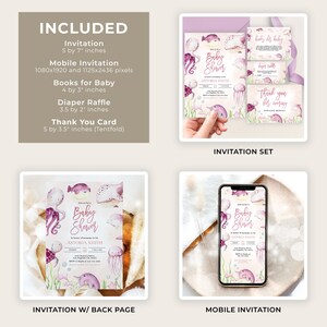 May include: A set of printable baby shower invitations with a watercolor design featuring an octopus, jellyfish, and other sea creatures. The invitation set includes a 5x7 inch invitation, a mobile invitation, books for baby, a diaper raffle, and a thank you card.