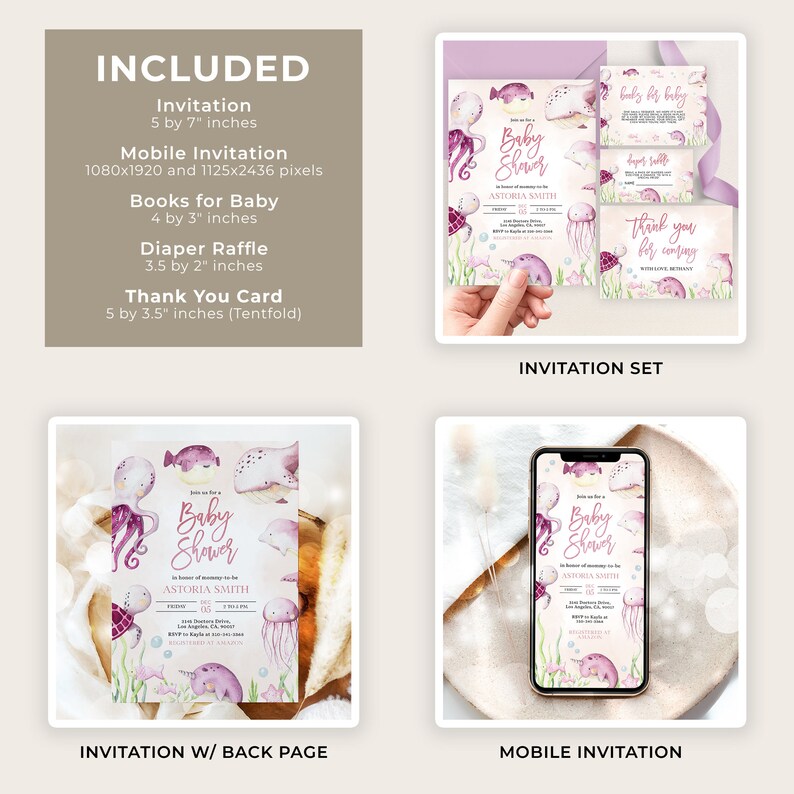 May include: A set of printable baby shower invitations with a watercolor design featuring an octopus, jellyfish, and other sea creatures. The invitation set includes a 5x7 inch invitation, a mobile invitation, books for baby, a diaper raffle, and a thank you card.
