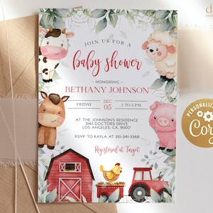 EDITABLE Farm Baby Shower Invitation, Barn Animals Baby Shower Invite, Ranch Boy Baby Shower, Red Barnyard Animals, Instant Template, BS113