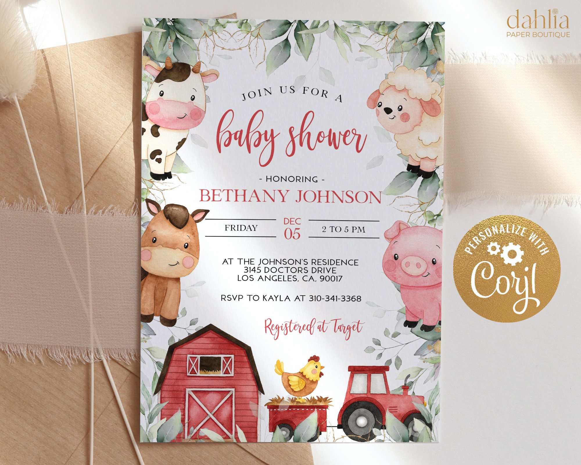 EDITABLE Farm Baby Shower Invitation, Barn Animals Baby Shower Invite, Ranch Boy Baby Shower, Red Barnyard Animals, Instant Template, BS113