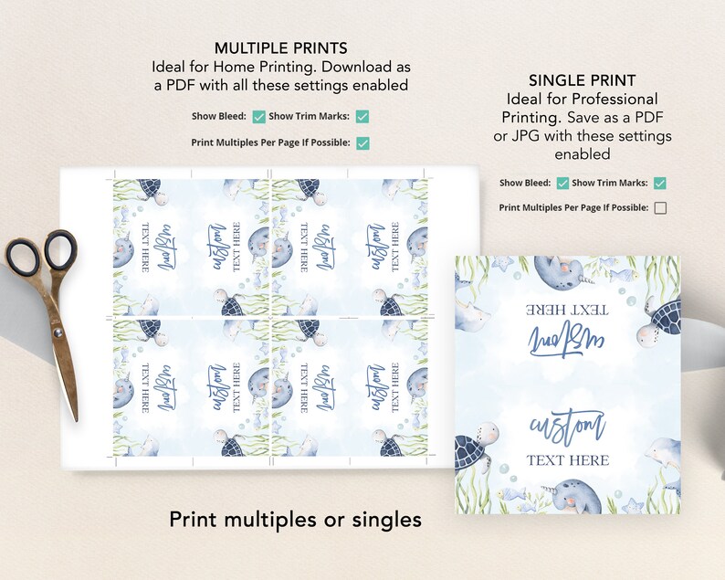 May include: Printable digital download of a set of 4x6 inch cards featuring a blue and white watercolor illustration of a narwhal and turtle. The cards have the text "custom text here" and are ideal for printing multiple copies or a single copy.
