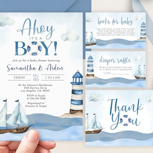 Ahoy It&#39;s A Boy Baby Shower Invitation Set, Editable Nautical Baby Sprinkle Bundle, Blue Boat Party Invite, Watercolor Ocean Template, BS177
