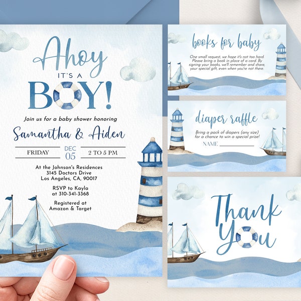 Ahoy It's A Boy Baby Shower Invitation Set, Editable Nautical Baby Sprinkle Bundle, Blue Boat Party Invite, Watercolor Ocean Template, BS177