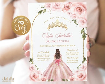 Blush Pink and Gold Arch Quinceañera Invitation, EDITABLE Tiara Rose 15th Birthday Party Template, Mis Quince Anos, Instant Download Q020