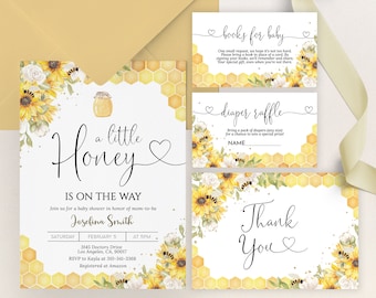 May include: A baby shower invitation with a honeybee theme. The invitation features a yellow and white sunflower, a honey jar, and a honeycomb pattern. The text on the invitation reads "A Little Honey Is On The Way" and includes the name "Josefina Smith".