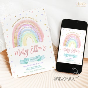 Pastel Rainbow Birthday Invitation, EDITABLE Girl Party Template, Magical Glitter Gold Stars, Rainbow of Fun Invite, Instant Download, KP273